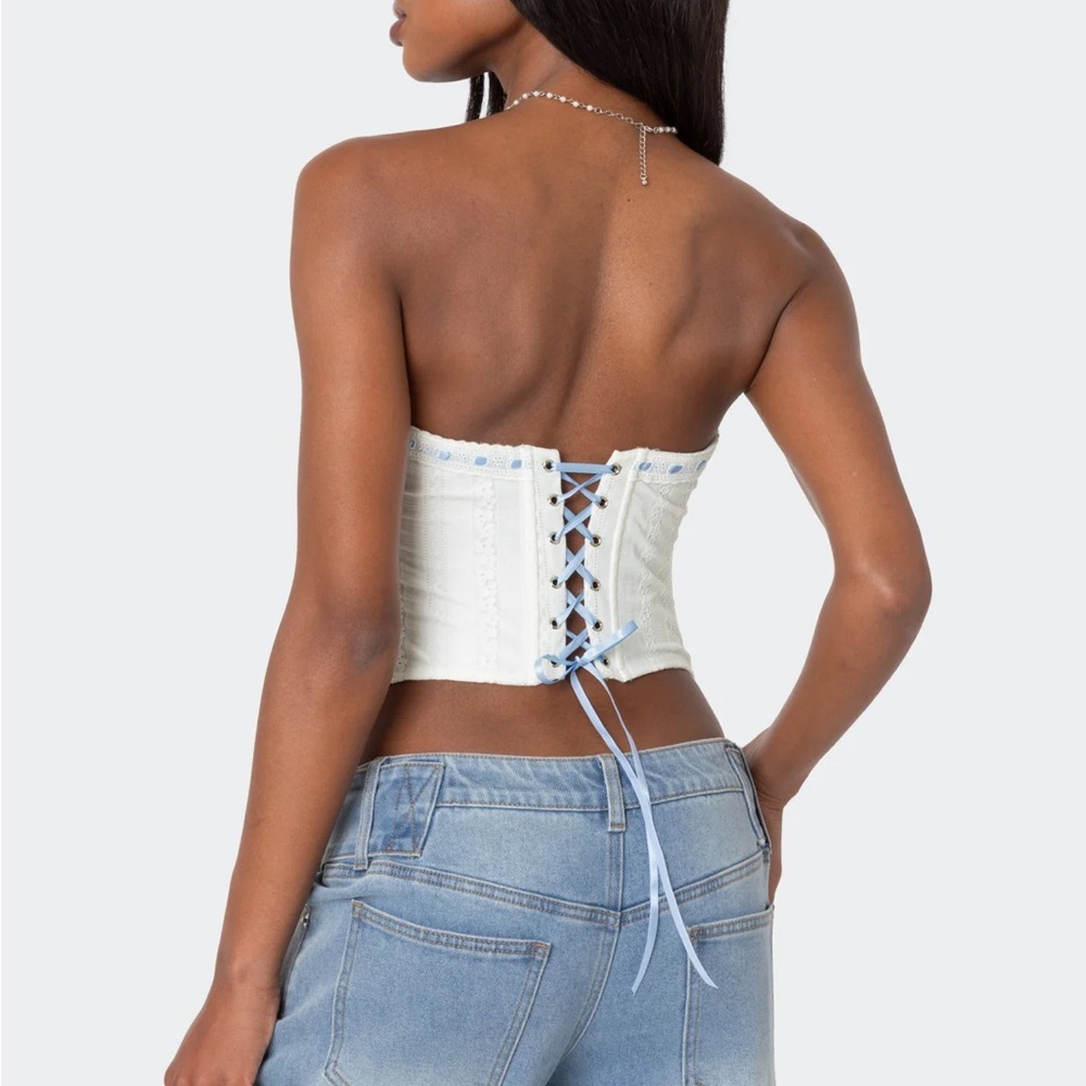 EDIKTED Ribbon Blue and White Corset Top #corsettop - Picture 3 of 6